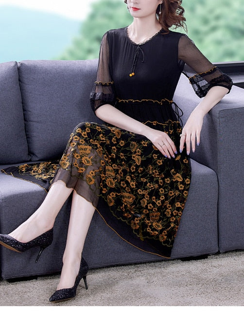 Elegant Bodycon Embroidery Floral Silk Dress
