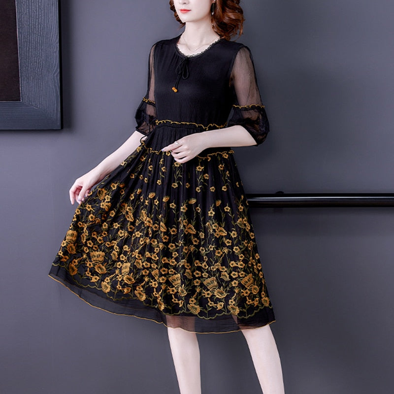 Elegant Bodycon Embroidery Floral Silk Dress