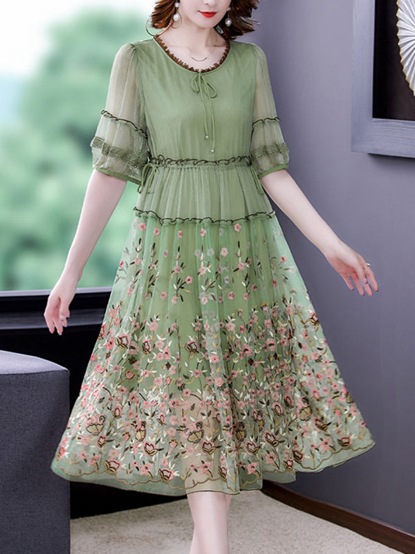 Elegant Bodycon Embroidery Floral Silk Dress