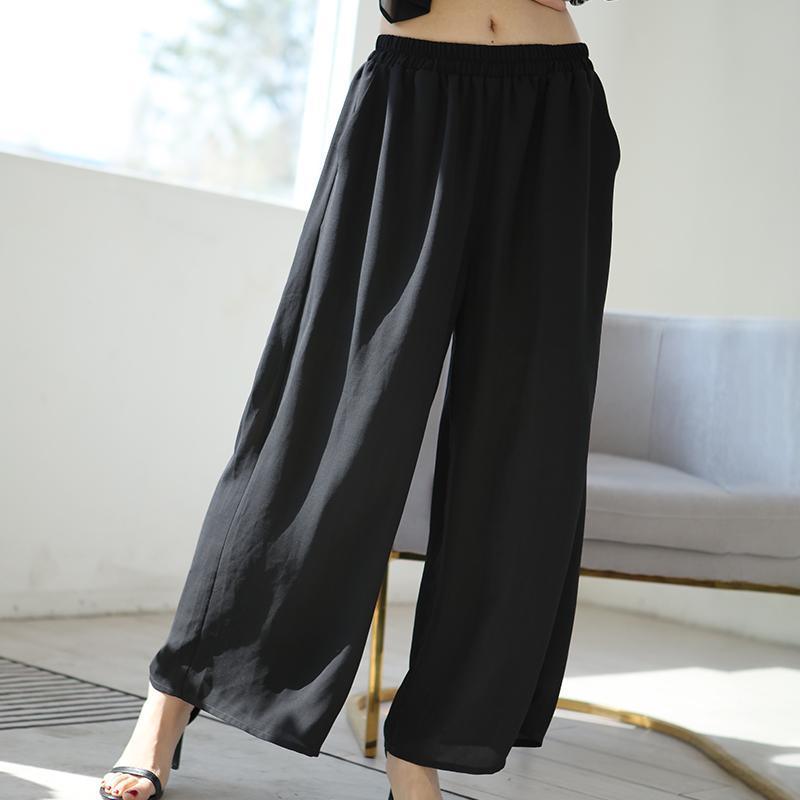 Summer Fashion linen Solid Black Female Wide Leg Pants - Omychic