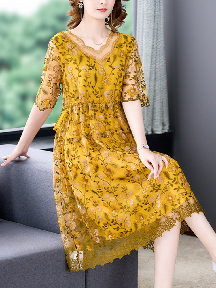 Summer Loose Floral Silk Hollow Out Midi Dress
