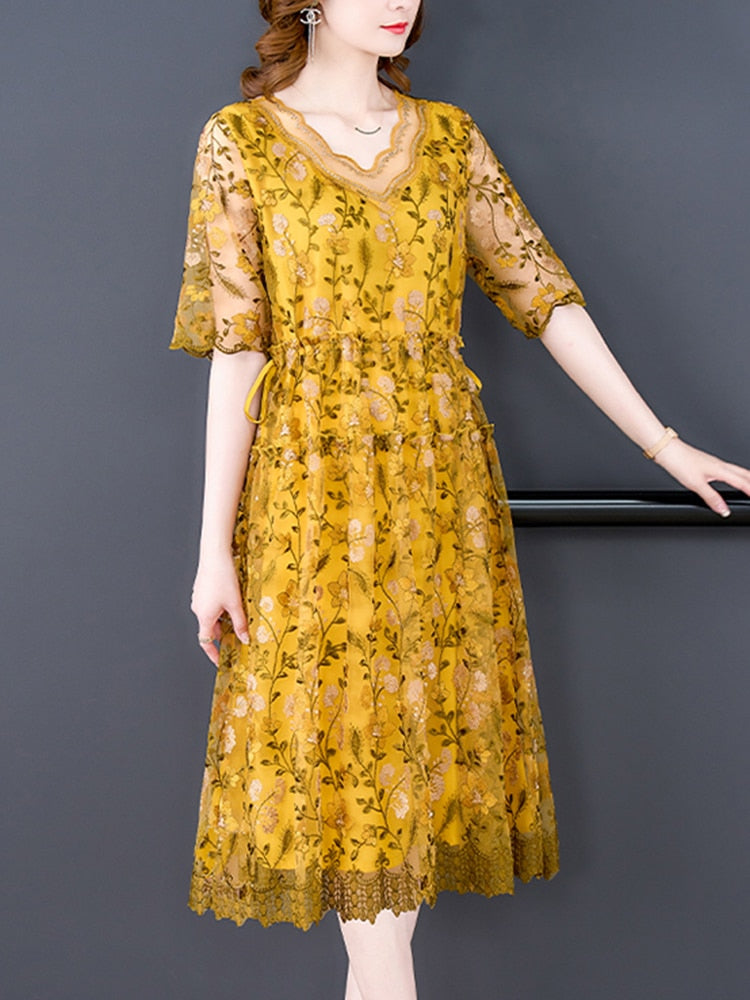 Summer Loose Floral Silk Hollow Out Midi Dress