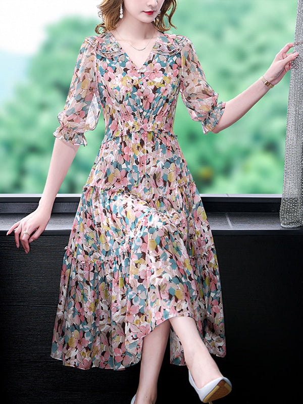 Summer Floral Natural Silk V-Neck Midi Dress
