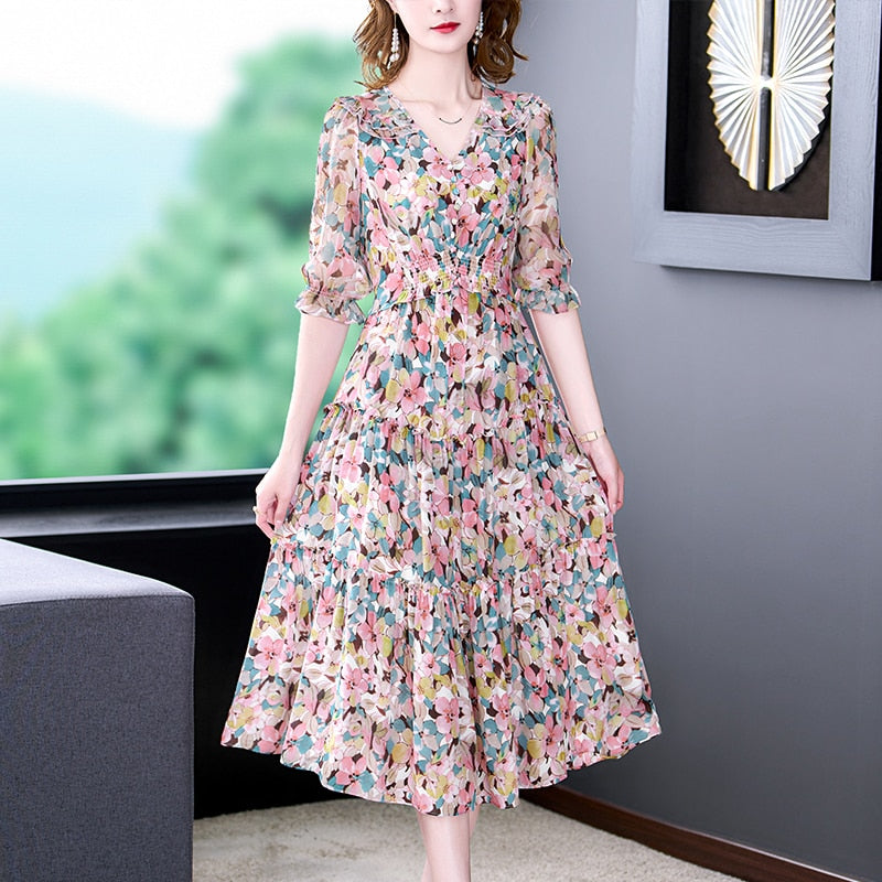 Summer Floral Natural Silk V-Neck Midi Dress