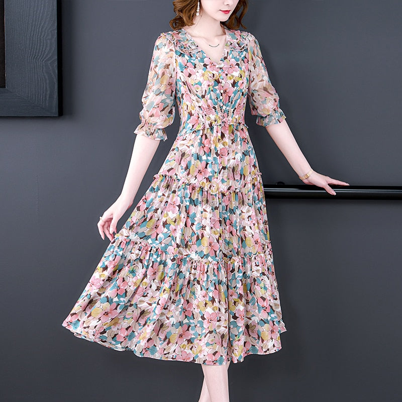 Summer Floral Natural Silk V-Neck Midi Dress