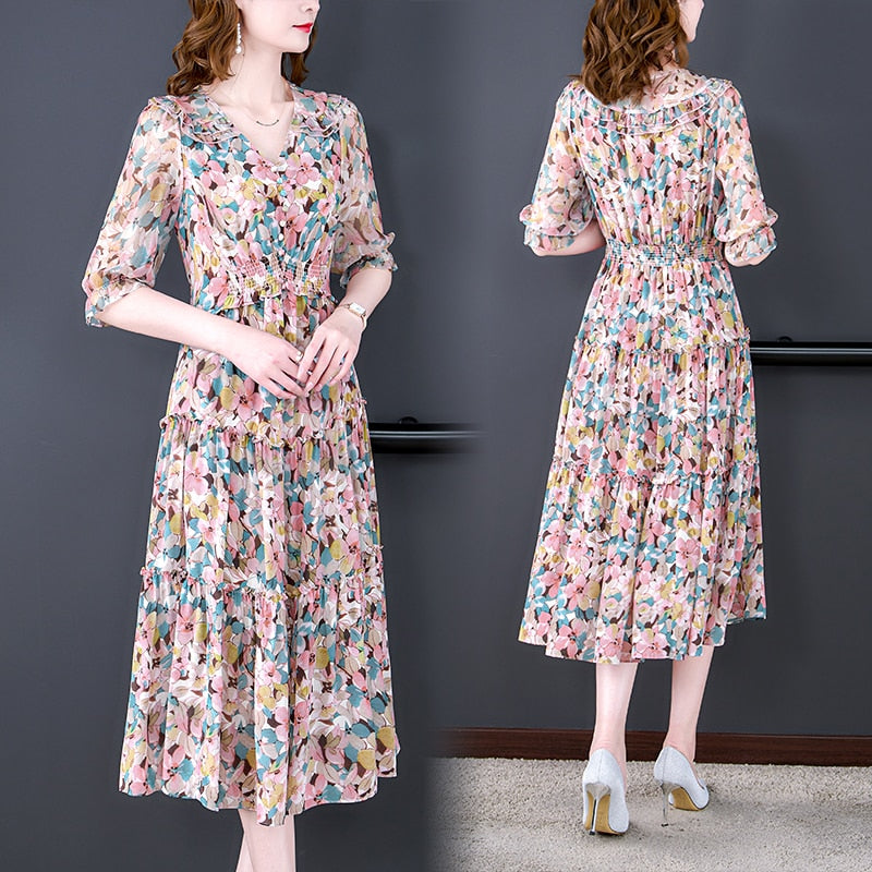 Summer Floral Natural Silk V-Neck Midi Dress