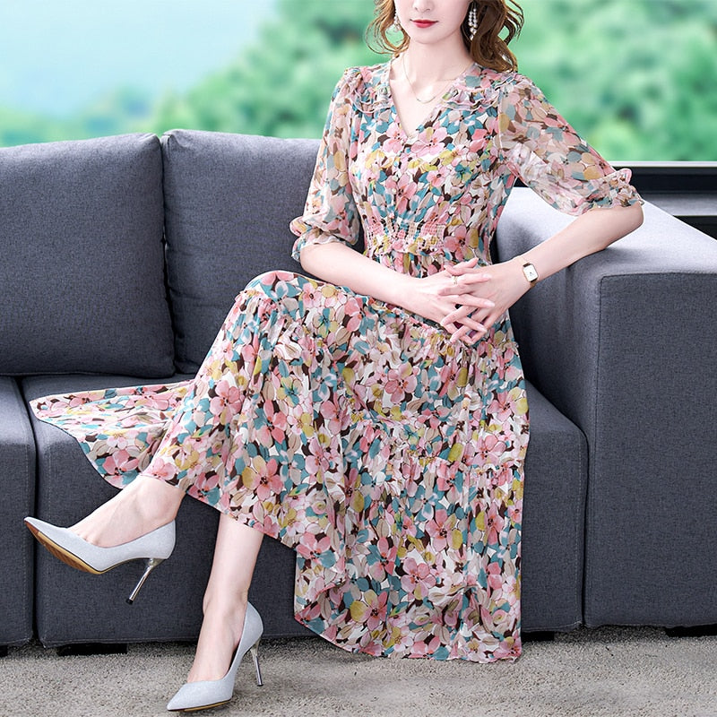 Summer Floral Natural Silk V-Neck Midi Dress