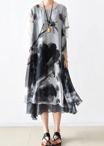 Summer Grey Print Chiffon Women Short Sleeve Dress - Omychic