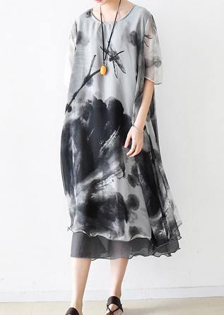 Summer Grey Print Chiffon Women Short Sleeve Dress - Omychic