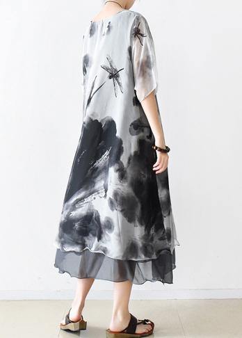 Summer Grey Print Chiffon Women Short Sleeve Dress - Omychic