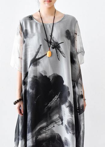 Summer Grey Print Chiffon Women Short Sleeve Dress - Omychic