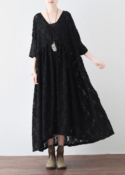 Summer Italian Black Chiffon Round Neck Holiday Dress - Omychic