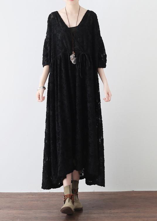 Summer Italian Black Chiffon Round Neck Holiday Dress - Omychic