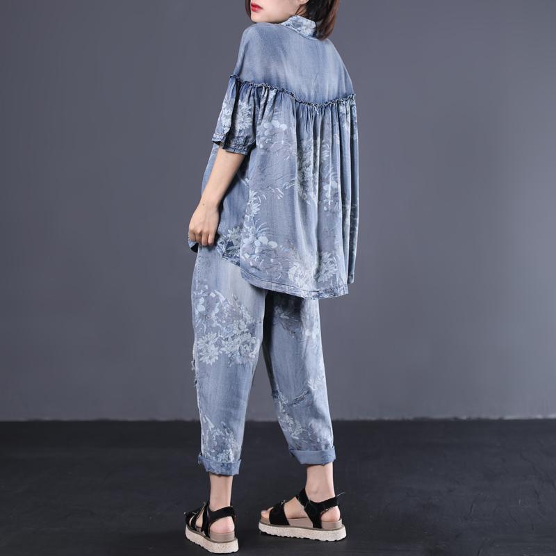 Summer Korean version loose stitching folds washed old denim two pieces - Omychic