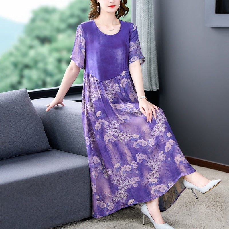 Vintage Casual Robe Floral Silk Midi Dress