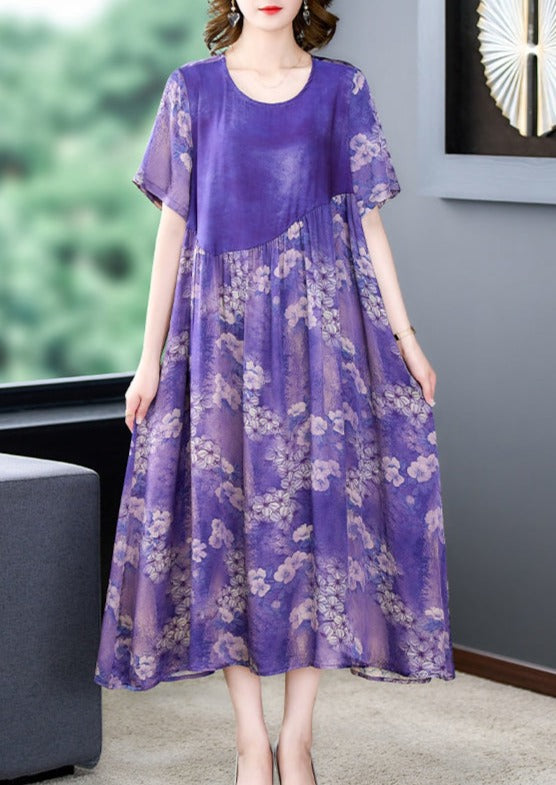 Vintage Casual Robe Floral Silk Midi Dress