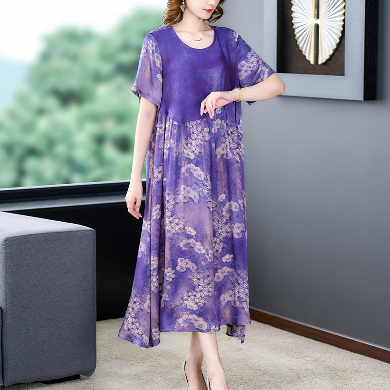 Vintage Casual Robe Floral Silk Midi Dress