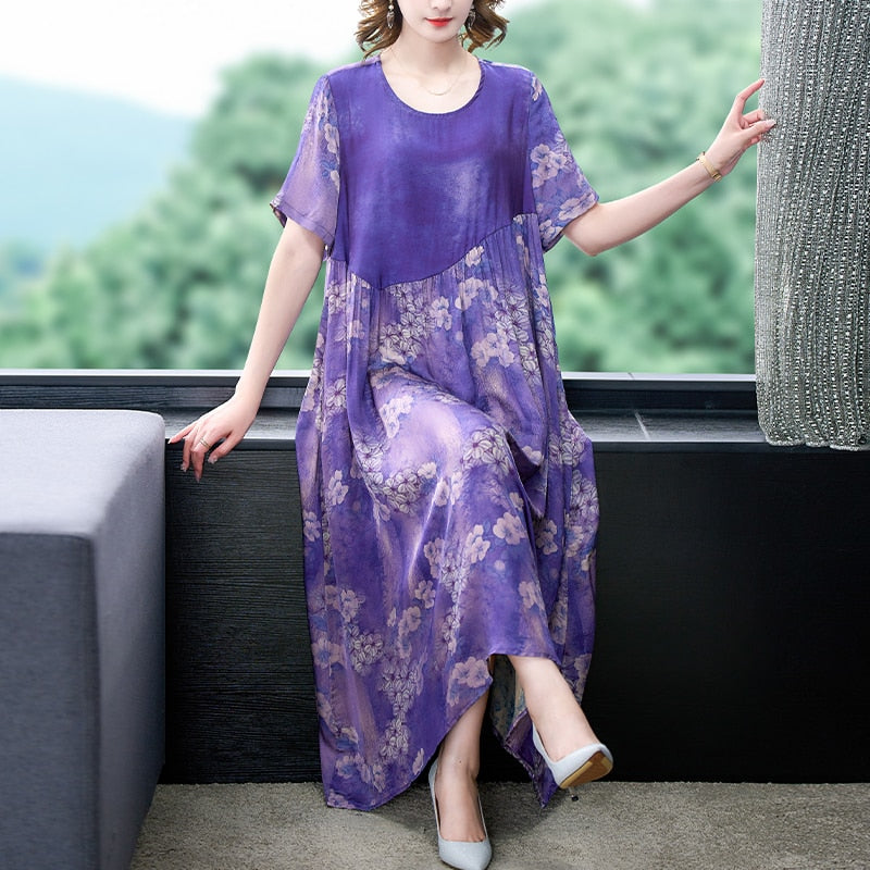 Vintage Casual Robe Floral Silk Midi Dress