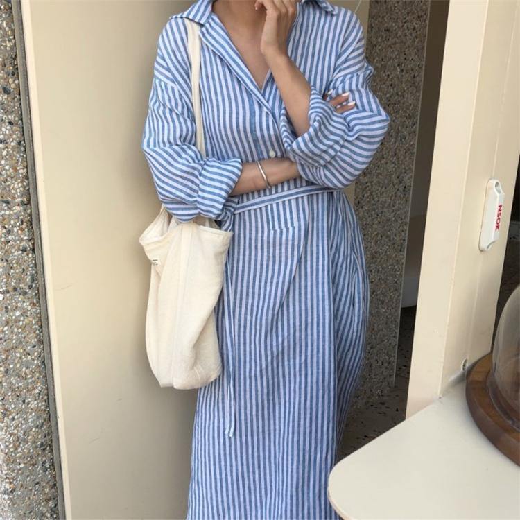 Summer Women Shirt Striped Lapel Cotton and Linen Casual Dress - Omychic