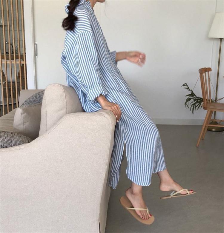 Summer Women Shirt Striped Lapel Cotton and Linen Casual Dress - Omychic