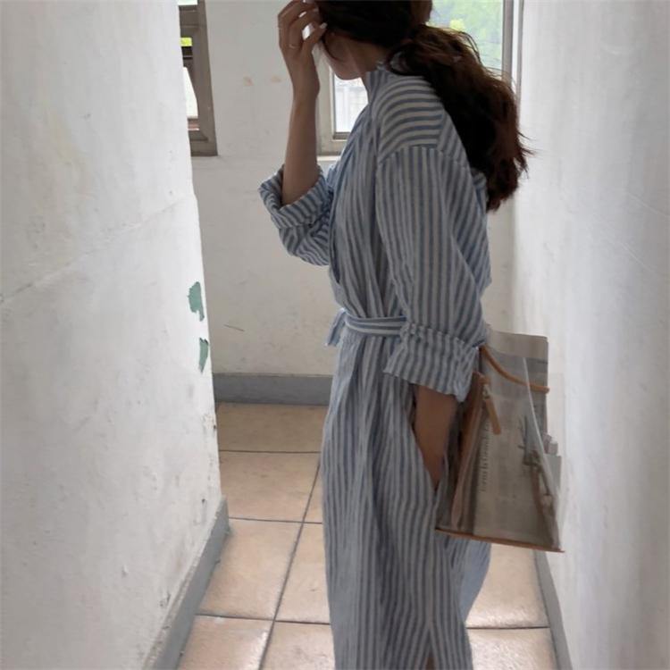 Summer Women Shirt Striped Lapel Cotton and Linen Casual Dress - Omychic