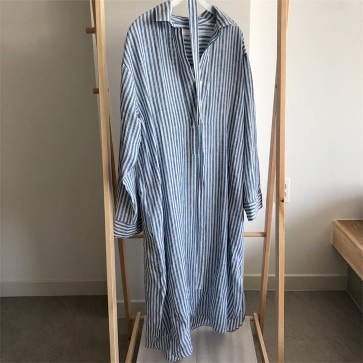 Summer Women Shirt Striped Lapel Cotton and Linen Casual Dress - Omychic