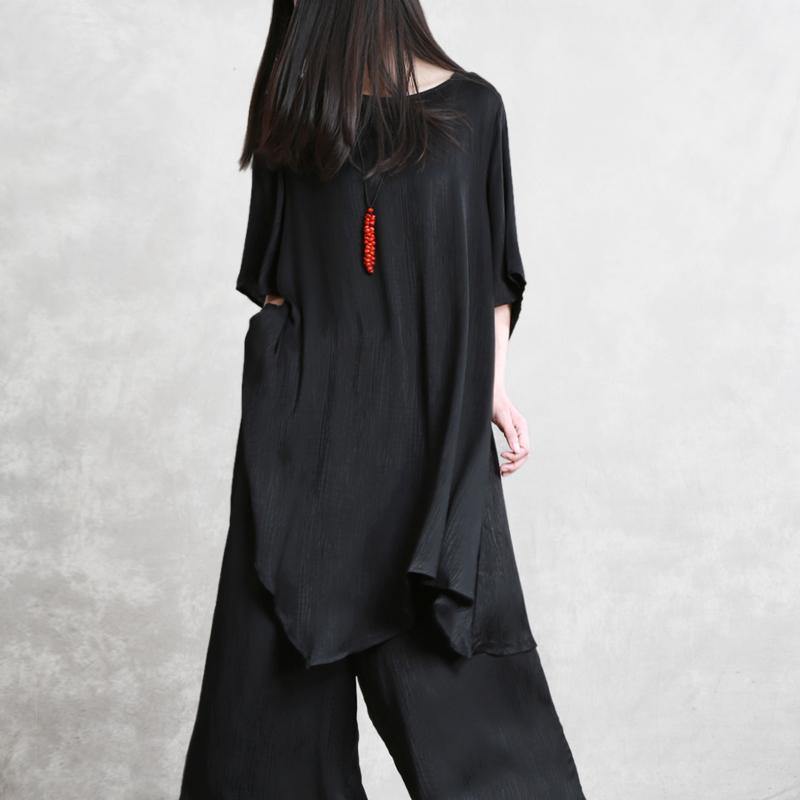 Summer models loose thin black Tencel suit female irregular long shirt + casual wide leg pants - Omychic
