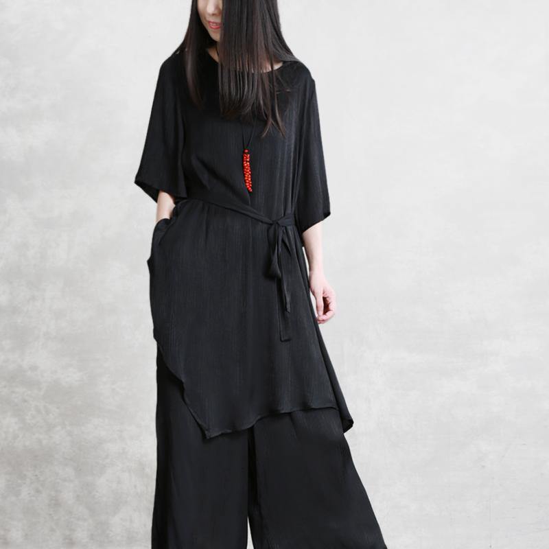 Summer models loose thin black Tencel suit female irregular long shirt + casual wide leg pants - Omychic
