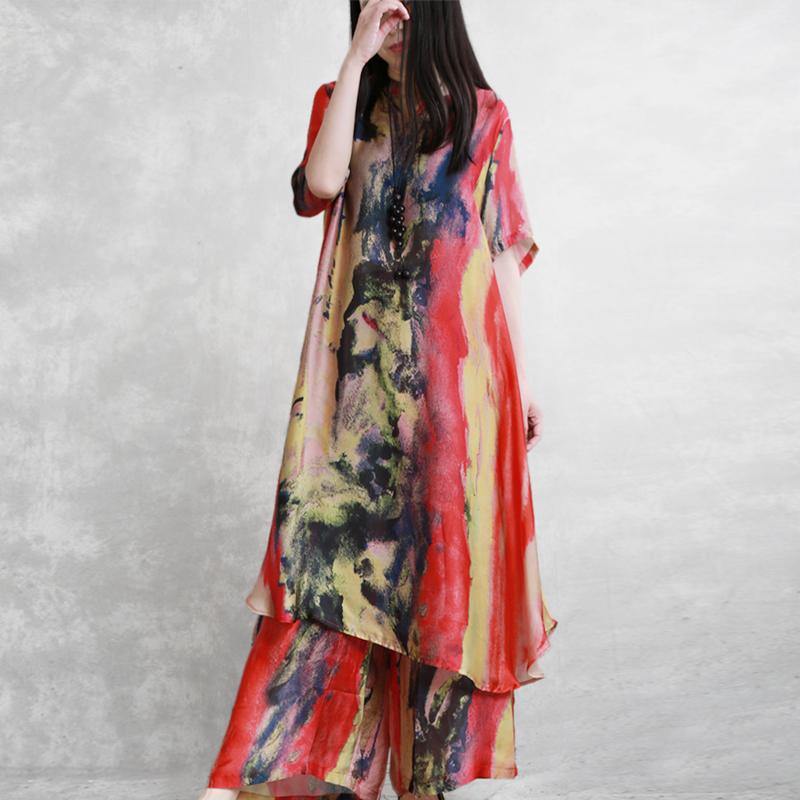 Summer new silky two-piece set of long T-shirt + nine pants - Omychic