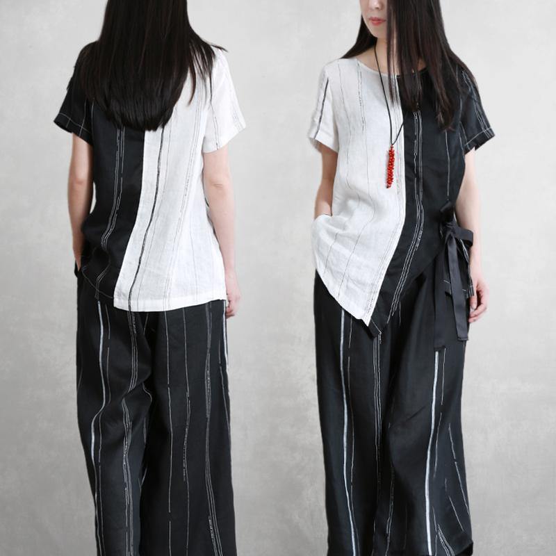 Summer original black and white stitching irregular pure linen set tie shirt striped wide leg pants - Omychic