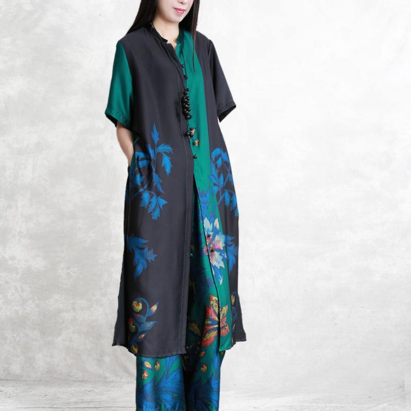 Summer retro ethnic silk silk suit female loose stand collar cardigan cool nine pants - Omychic