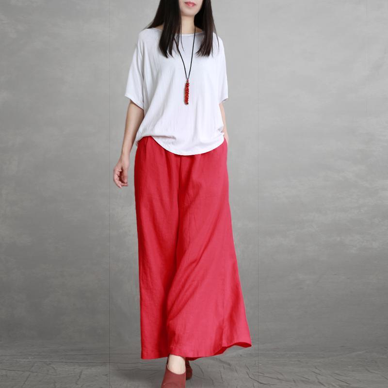Summer thin red linen wide leg pants simple literary loose long pants - Omychic