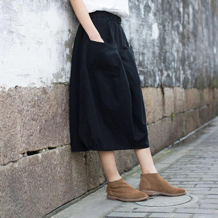 Summer women linen Solid Pockets Linen Calf-length A-line Skirt - Omychic