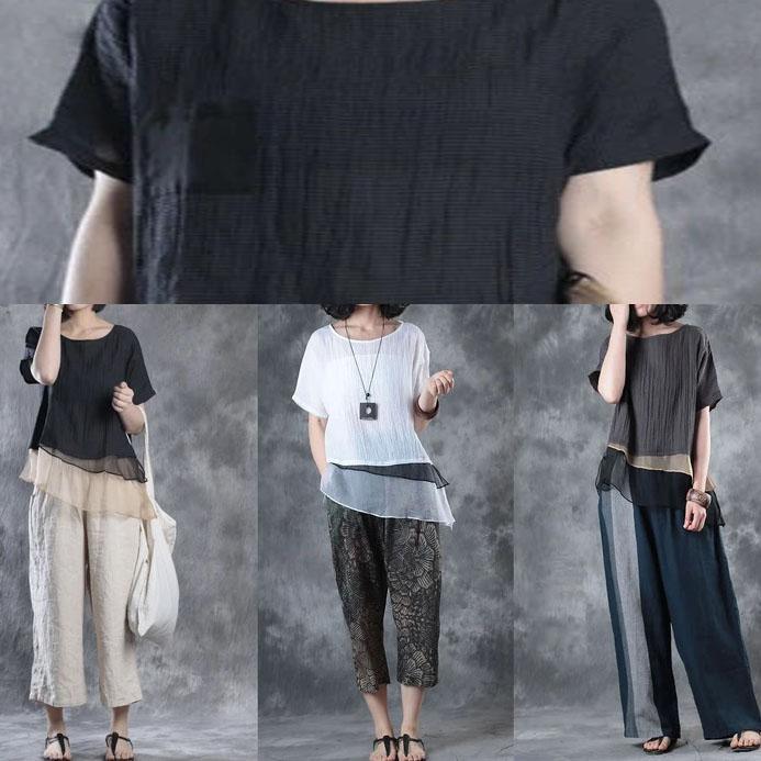 Summer New Black Striped Silk Linen Pullover Plus Size Patchwork Tops  ( Limited Stock) - Omychic
