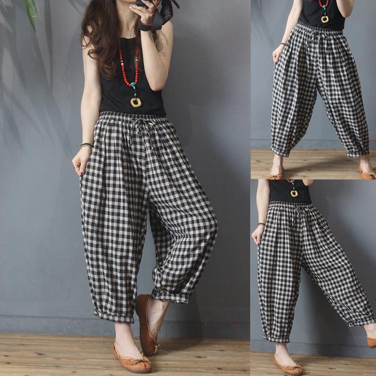 Summer Plaid Drawstring Pants Plus Size Cotton Linen Harem Pants - Omychic