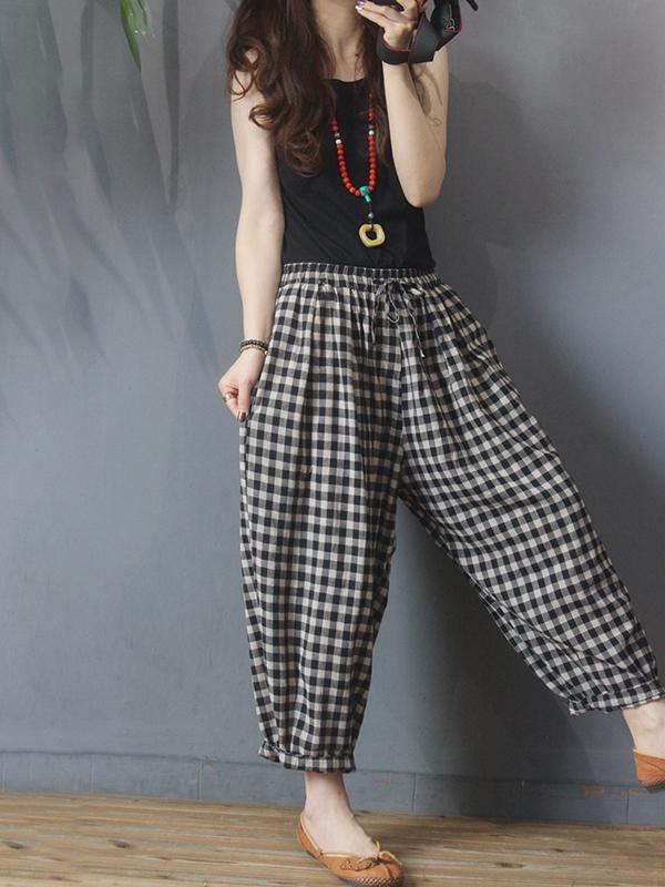 Summer Plaid Drawstring Pants Plus Size Cotton Linen Harem Pants - Omychic