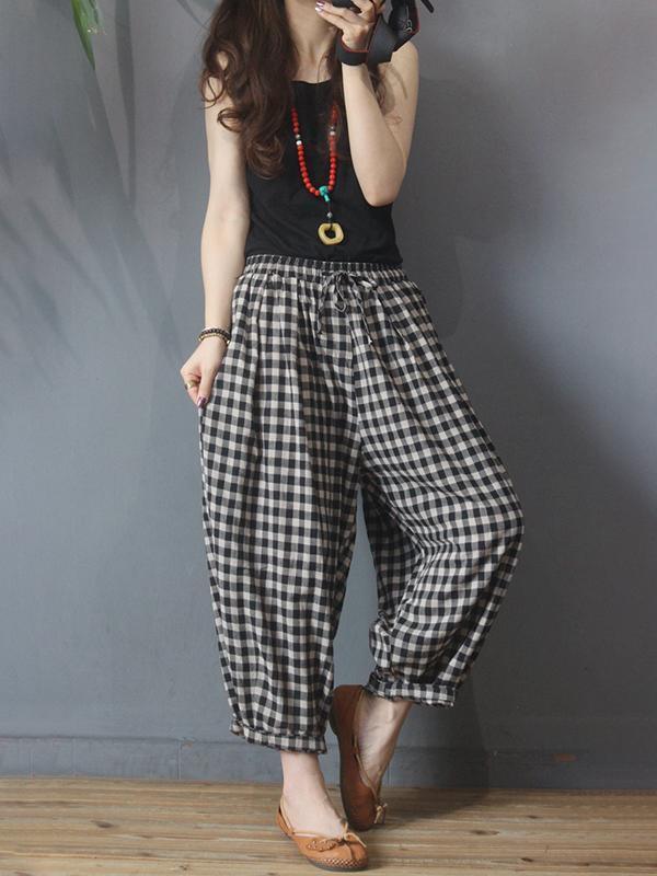 Summer Plaid Drawstring Pants Plus Size Cotton Linen Harem Pants - Omychic