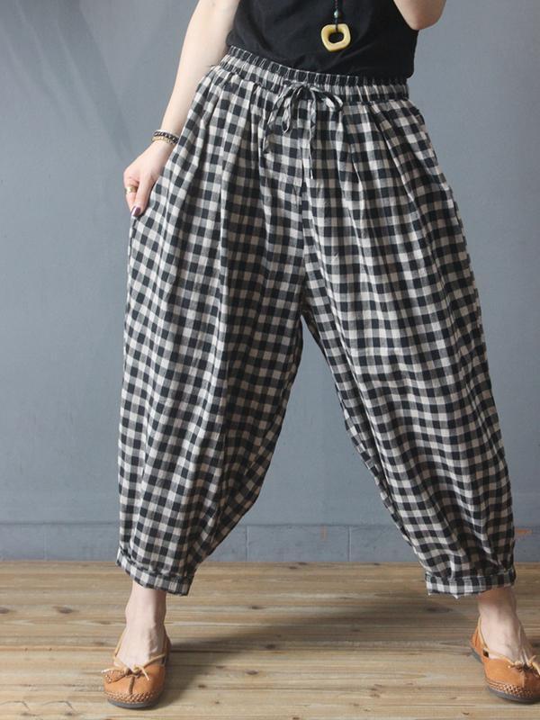 Summer Plaid Drawstring Pants Plus Size Cotton Linen Harem Pants - Omychic