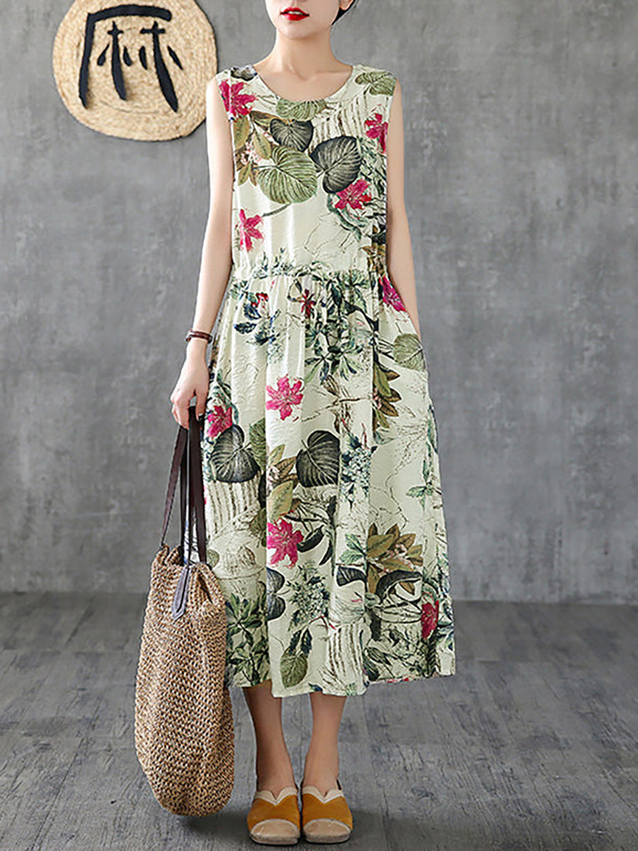 Summer Casual Floral Printed Cotton Dress Sleeveless