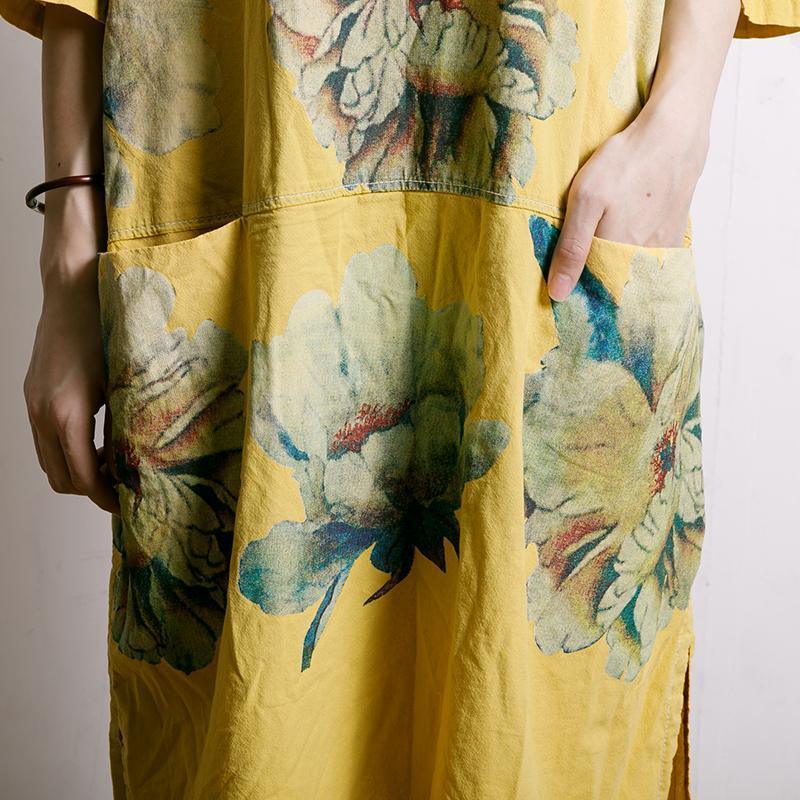 Summer Split Floral Printed Pockets Midi Dress - Omychic