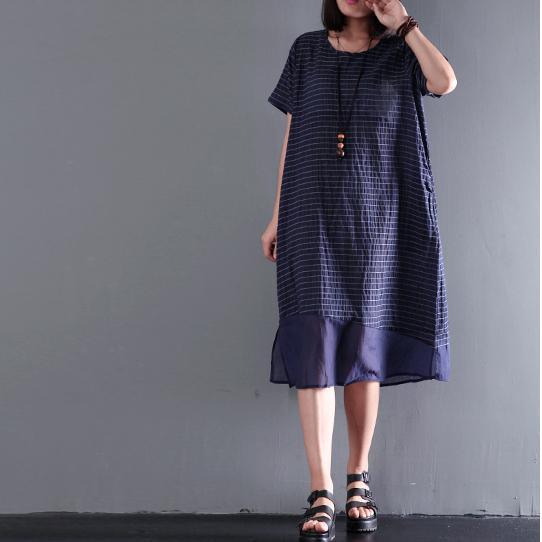 Summer stylish linen dress striped short sleeve maxi dress loose baggy sundress - Omychic
