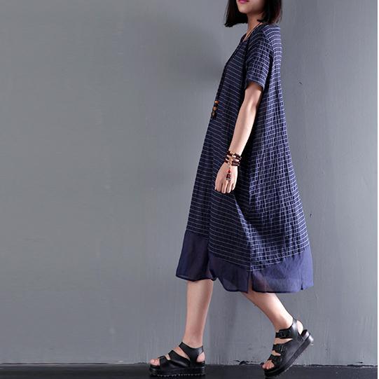 Summer stylish linen dress striped short sleeve maxi dress loose baggy sundress - Omychic