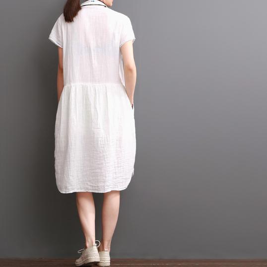 Summer white cotton dresses drawstring tunic cotton sundress - Omychic
