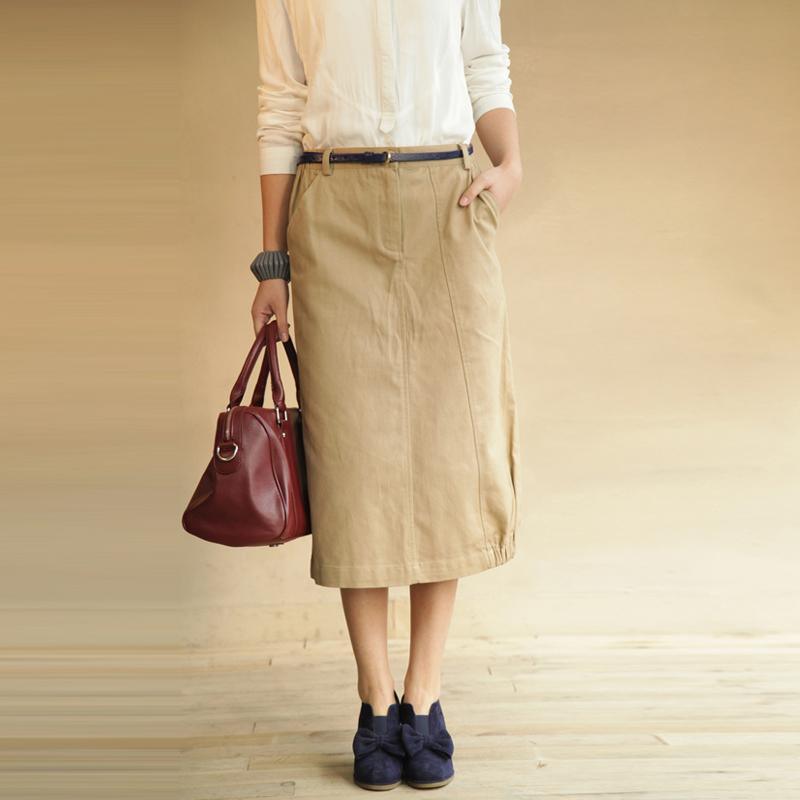 Summer women khaki Retro pencil skirts elegant plus size pockets cotton skirt - Omychic