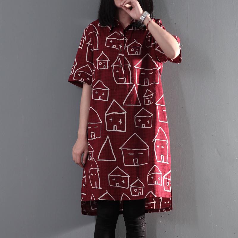 Sweet house print cotton shift dress sundress plus size summer blouse - Omychic