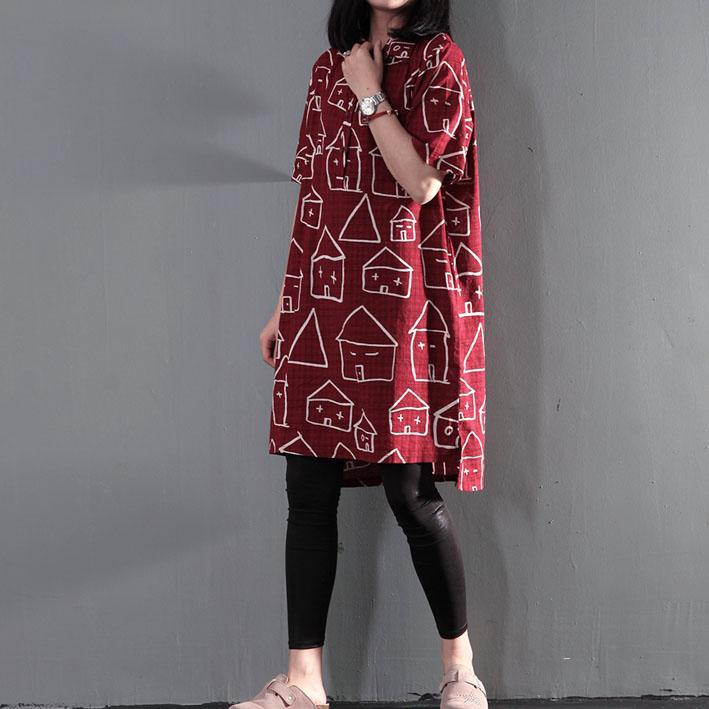 Sweet house print cotton shift dress sundress plus size summer blouse - Omychic