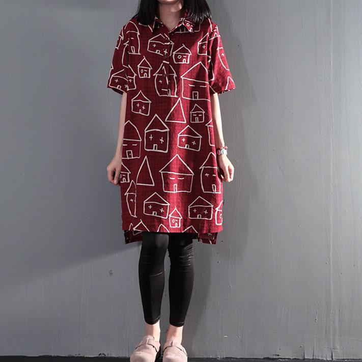 Sweet house print cotton shift dress sundress plus size summer blouse - Omychic