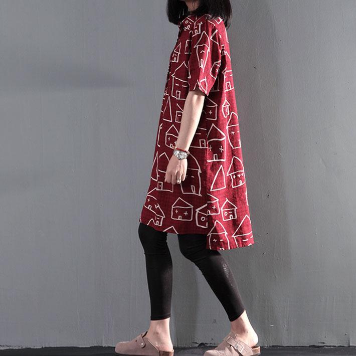 Sweet house print cotton shift dress sundress plus size summer blouse - Omychic