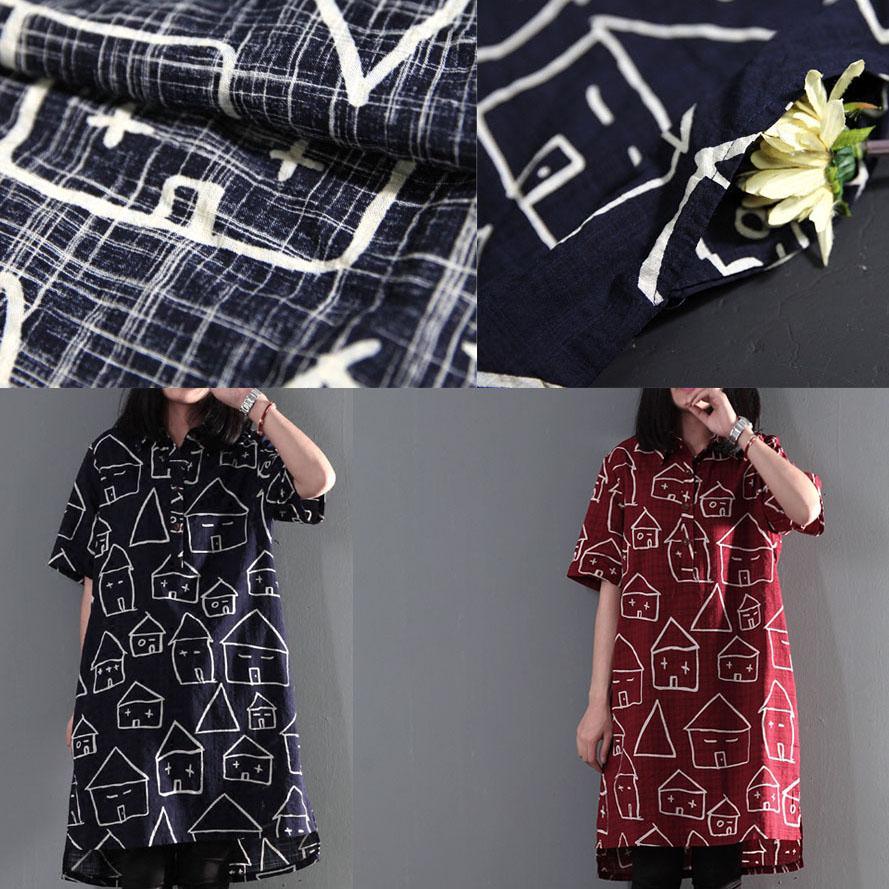 Sweet house print cotton shift dress sundress plus size summer blouse - Omychic