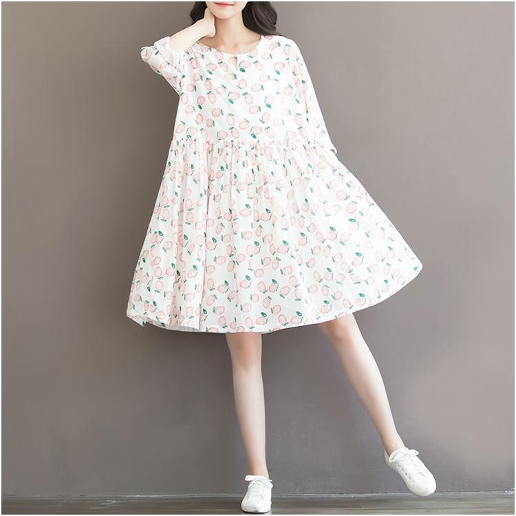 Sweet peach print cotton dress loose casual style traveling dresses - Omychic